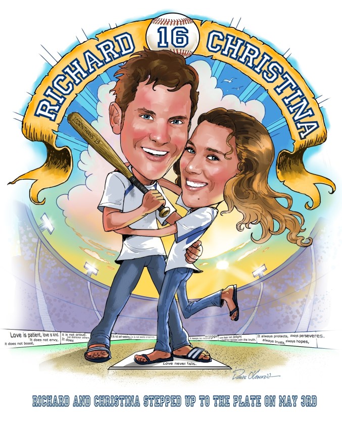 Caricature, couple, baseball