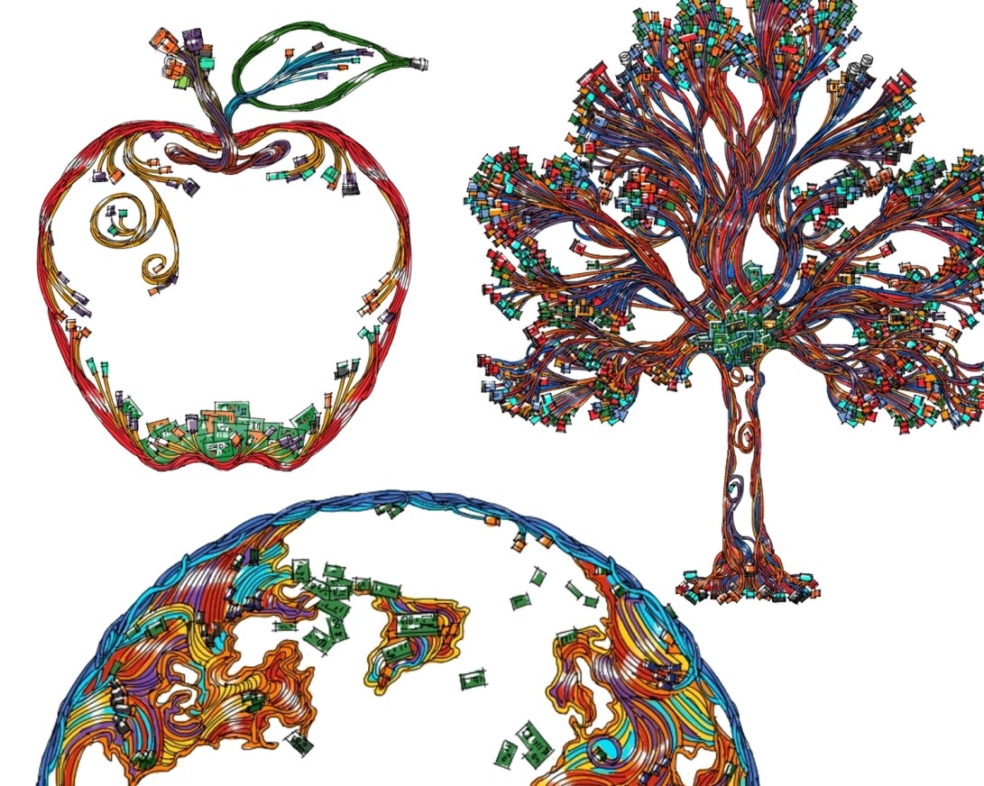 Quell, electronics, tree, apple, earth, wires