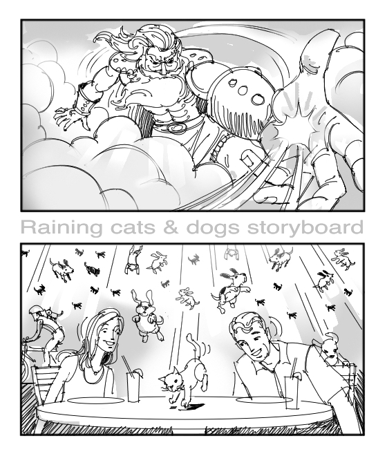 Raining cats & dogs, storyboard, sketches